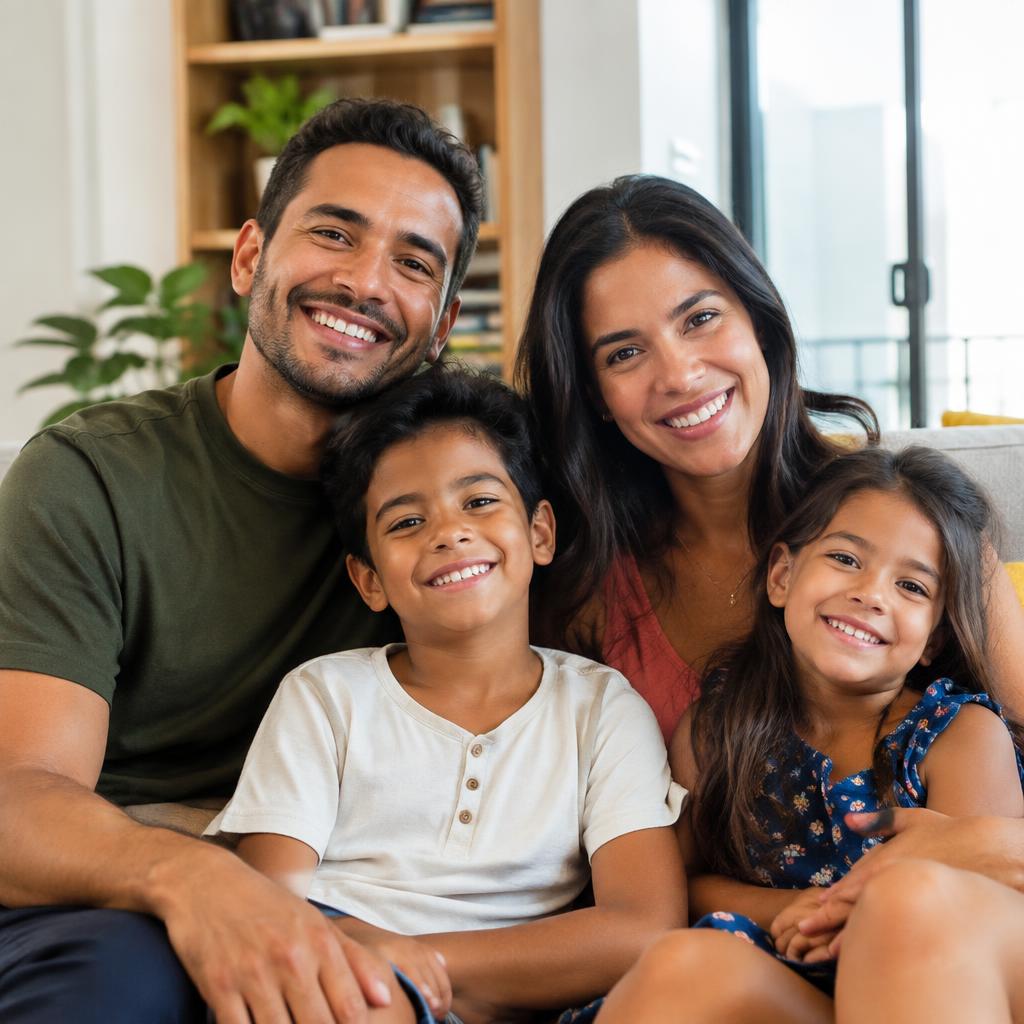 Família brasileira sorrindo em casa